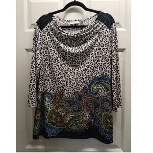 Susan Graver Size Medium Liquid Knit Leopard Paisley Cowl Neck 3/4 Sleeves Top